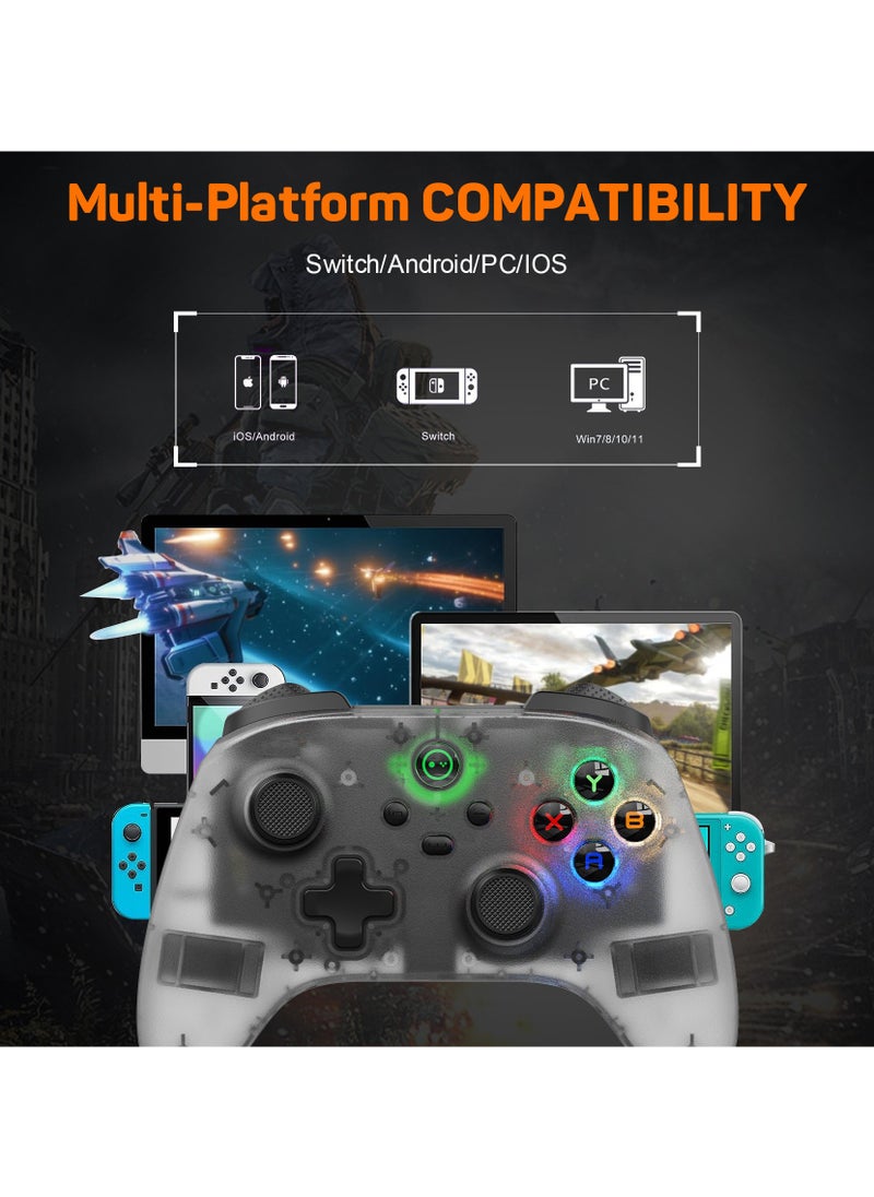 Classic Wireless Gamepad LinYuvo Bluetooth Game Controller Compatible with Switch Android iOS PC Colorful Light 6-Axis Gyro Turbo Function Dual Vibration Wake-Up Function Motion Control Metal Joystick Transparent White