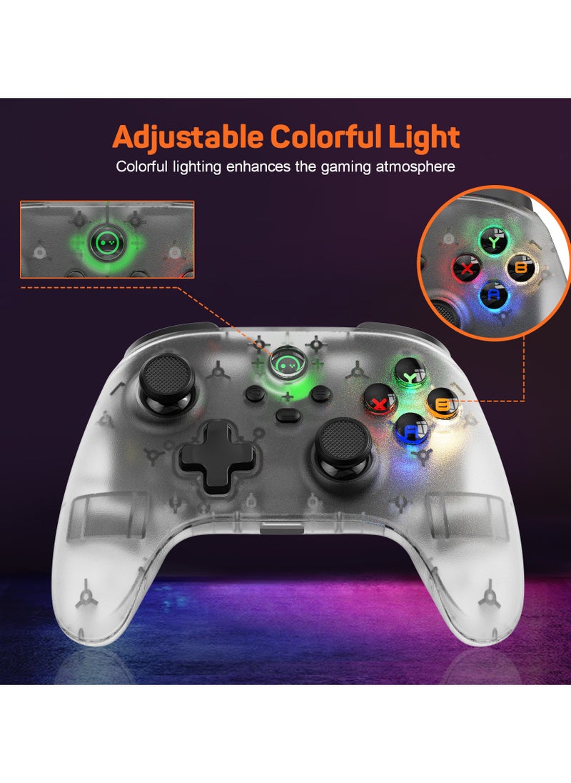 Classic Wireless Gamepad LinYuvo Bluetooth Game Controller Compatible with Switch Android iOS PC Colorful Light 6-Axis Gyro Turbo Function Dual Vibration Wake-Up Function Motion Control Metal Joystick Transparent White