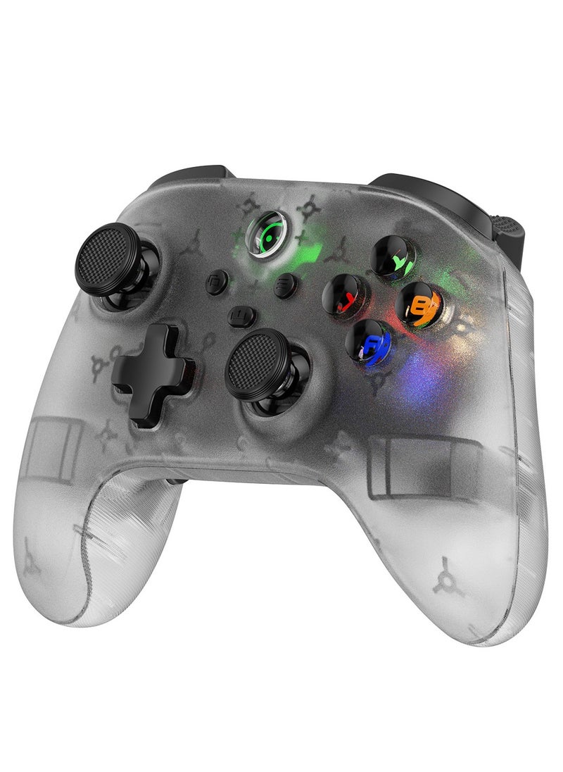 Classic Wireless Gamepad LinYuvo Bluetooth Game Controller Compatible with Switch Android iOS PC Colorful Light 6-Axis Gyro Turbo Function Dual Vibration Wake-Up Function Motion Control Metal Joystick Transparent White