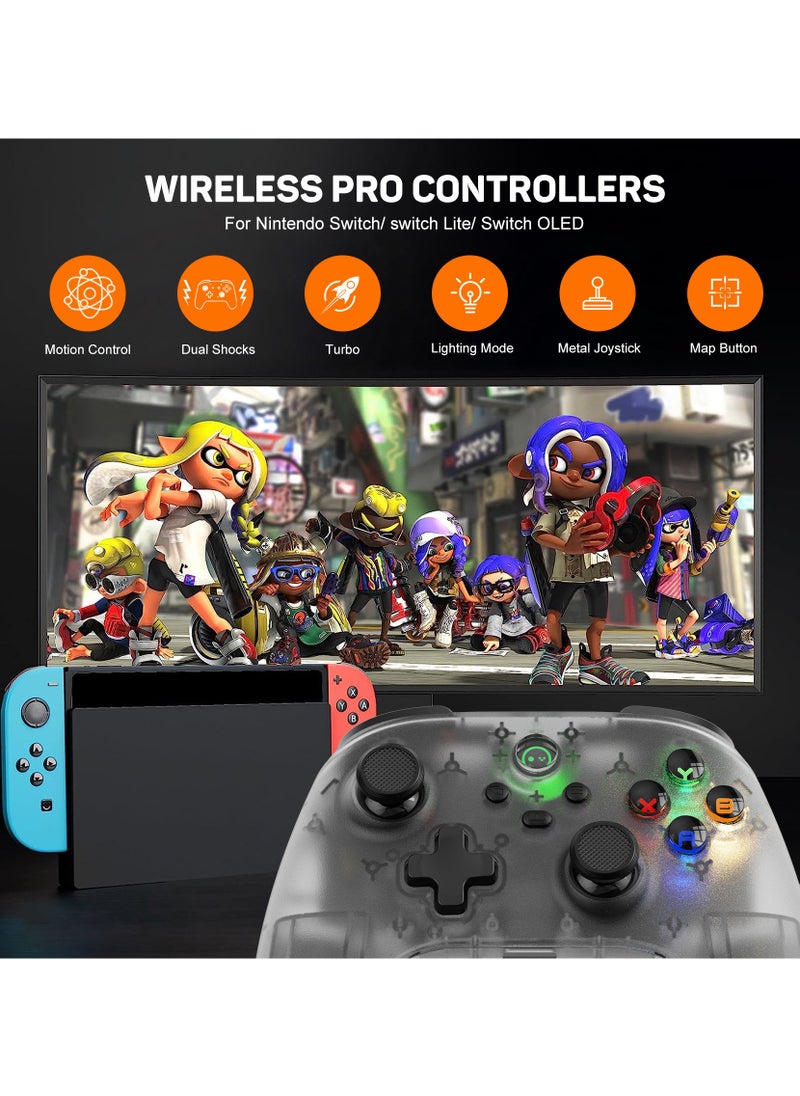 Classic Wireless Gamepad LinYuvo Bluetooth Game Controller Compatible with Switch Android iOS PC Colorful Light 6-Axis Gyro Turbo Function Dual Vibration Wake-Up Function Motion Control Metal Joystick Transparent White