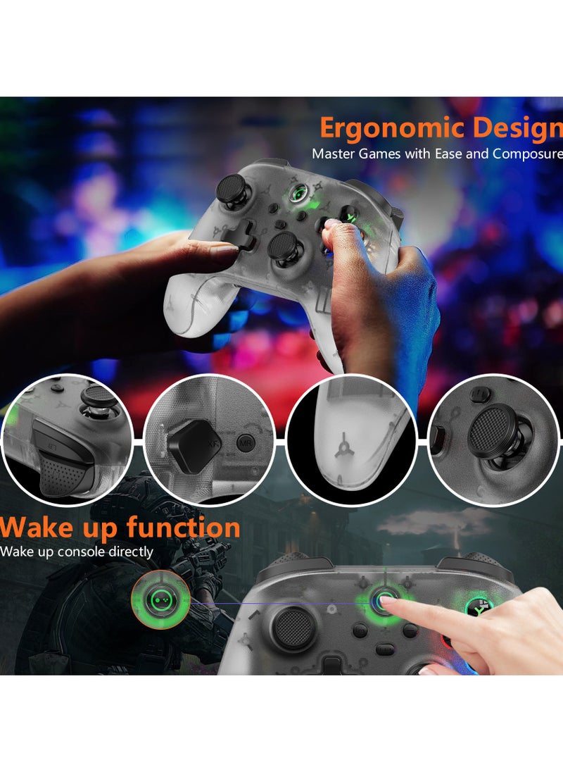 Classic Wireless Gamepad LinYuvo Bluetooth Game Controller Compatible with Switch Android iOS PC Colorful Light 6-Axis Gyro Turbo Function Dual Vibration Wake-Up Function Motion Control Metal Joystick Transparent White