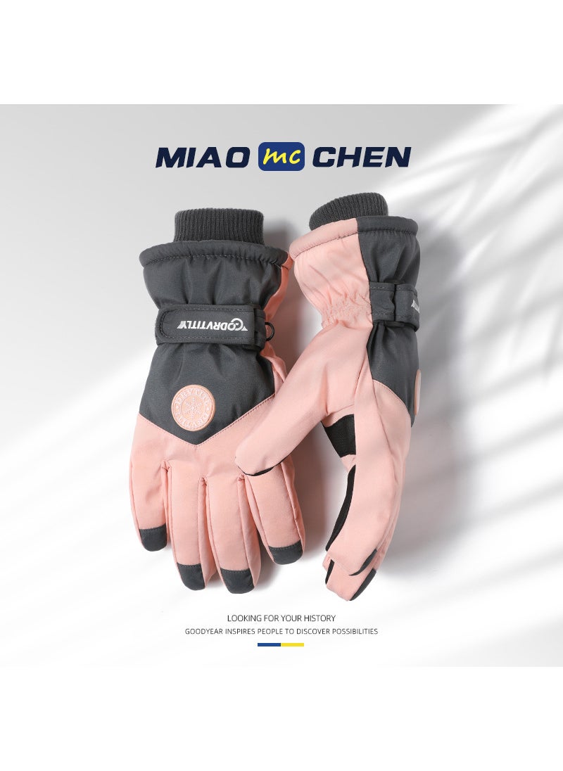 Ski gloves for men and women couple winter warm fleece-lined thick non-slip touch screen windproof waterproof cycling gloves Cotton Pink (ladies size)