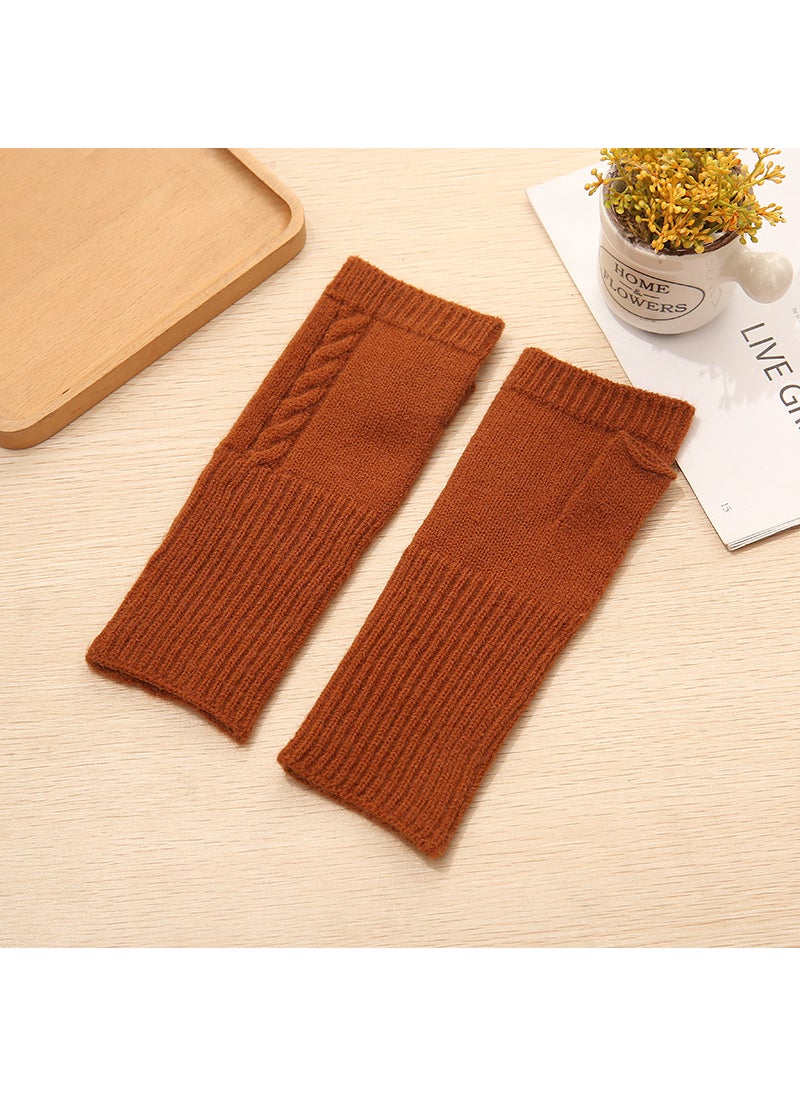 Autumn and Winter Fashion Long Twist Jacquard Warm Gloves Long Solid Color All-match Half-finger Gloves Womens Foreign Trade Explosions Brown