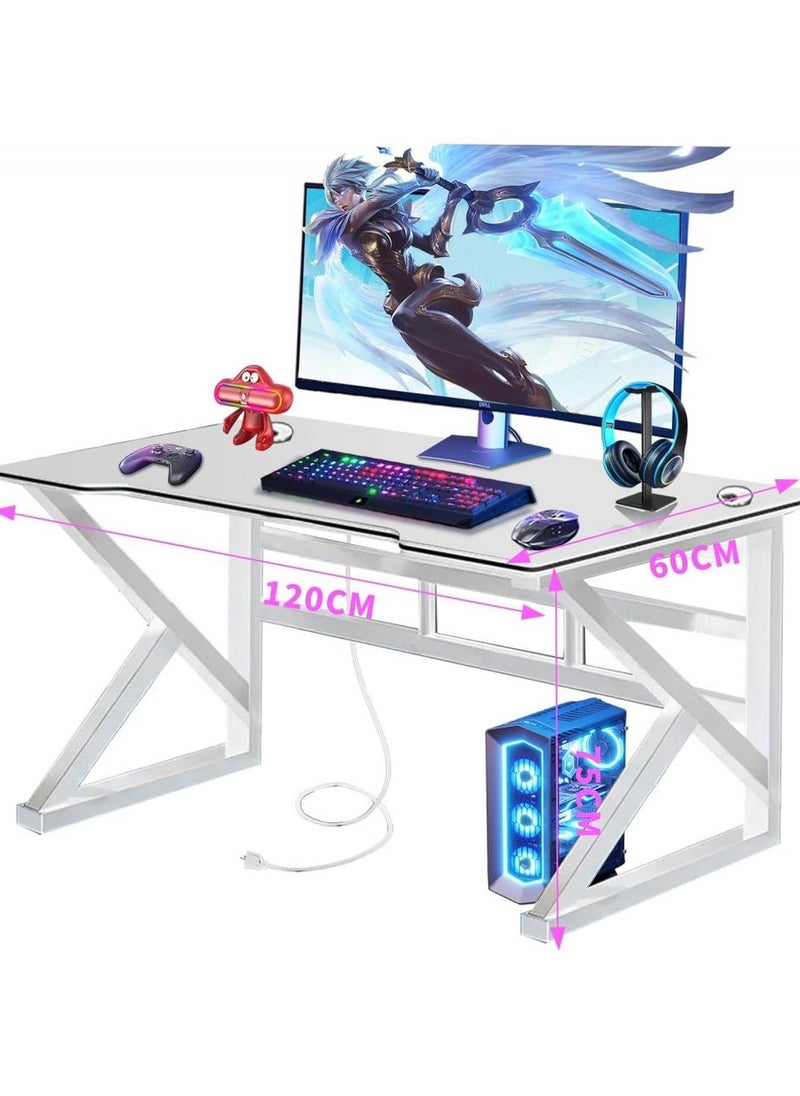 Ergonomic Large Gaming Desk Computer Desk K-Shaped Gaming Table PC Gaming Workstation Home Office Desks Space-saving Easy to Assemble 120x60x75cm White