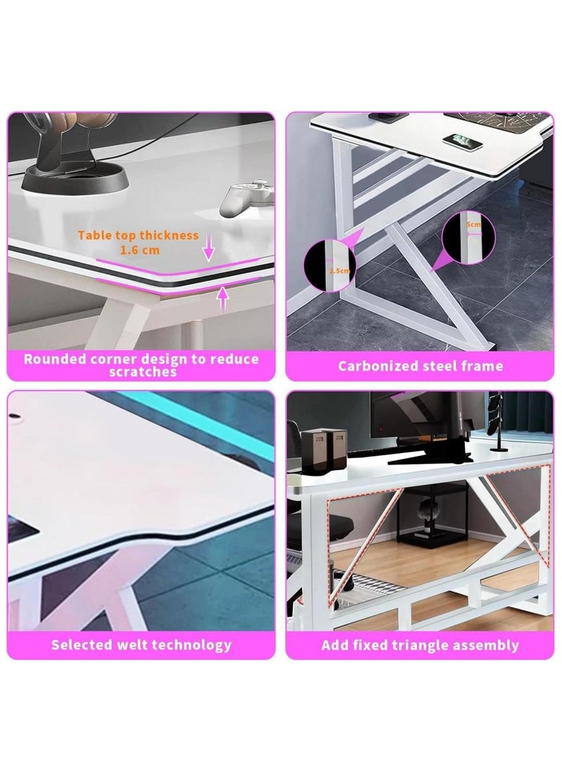 Ergonomic Large Gaming Desk Computer Desk K-Shaped Gaming Table PC Gaming Workstation Home Office Desks Space-saving Easy to Assemble 120x60x75cm White