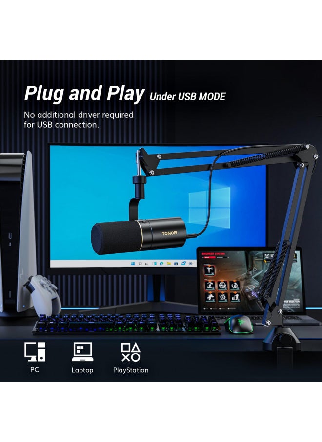TONOR Dynamic Microphone, USB/XLR PC Microfono with Boom Arm Stand for Podcast, Recording, Live Streaming & Gaming, XLR Cardioid Studio Mic for Music & Voice-Over with 3.5mm Headphones Jack, TD510+