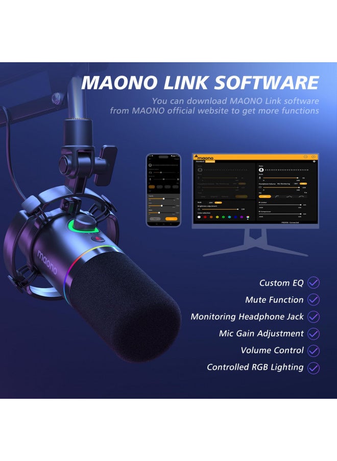 MAONO XLR/USB Dynamic Microphone Kit, RGB Podcast Mic with Software, Mute, Gain Knob, Volume Control, Boom Arm for Streaming, Gaming, Voice-Over, Recording-PD200XS Black