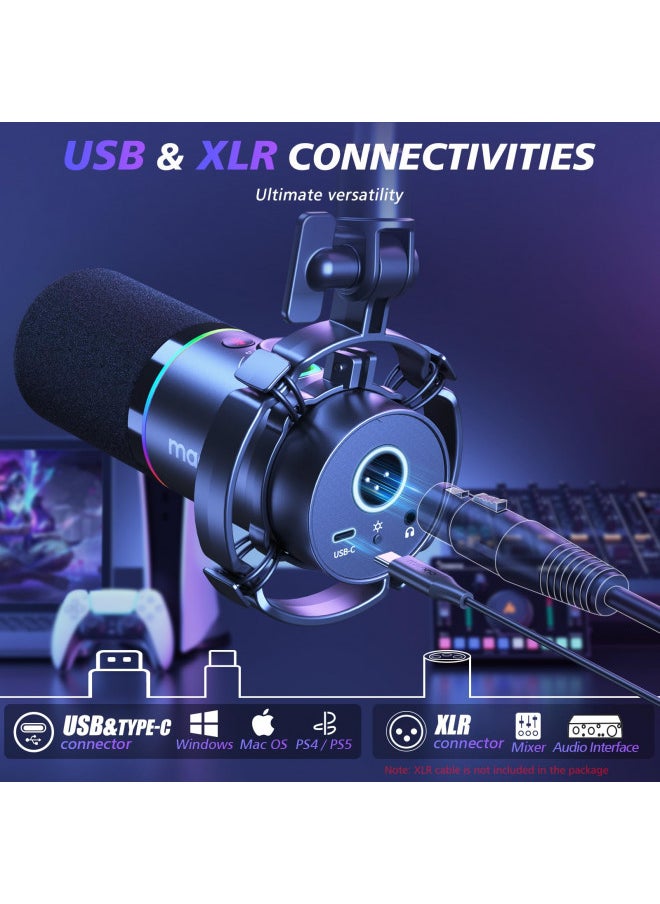 MAONO XLR/USB Dynamic Microphone Kit, RGB Podcast Mic with Software, Mute, Gain Knob, Volume Control, Boom Arm for Streaming, Gaming, Voice-Over, Recording-PD200XS Black