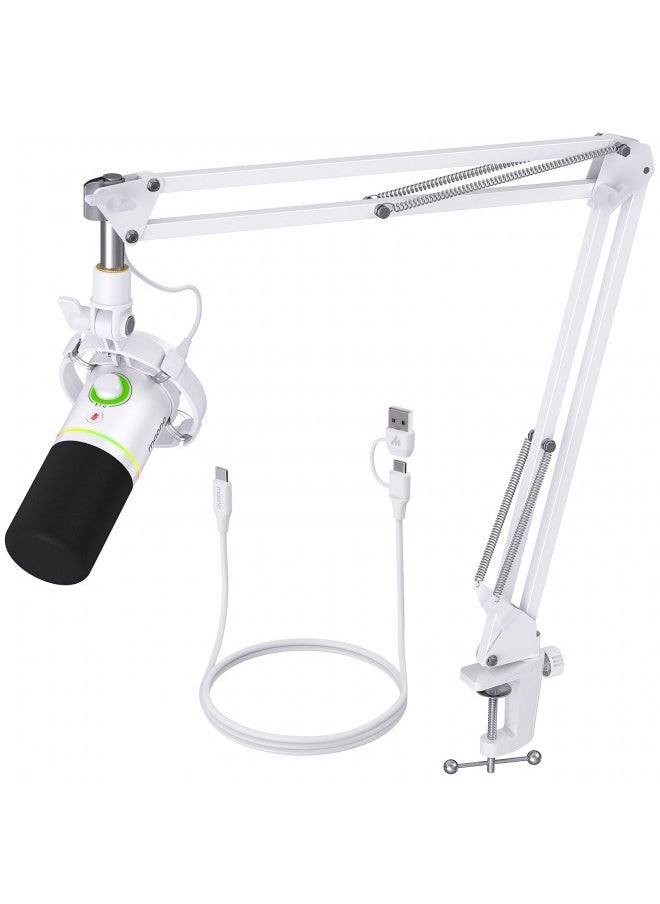 MAONO XLR/USB Dynamic Microphone Kit, RGB Podcast Mic with Software, Mute, Gain Knob, Volume Control, Boom Arm for Streaming, Gaming, Voice-Over, Recording-PD200XS White