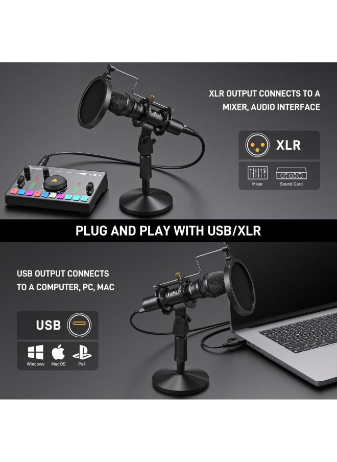 MAONO USB/XLR Podcast Dynamic Microphone, Studio Mic Kit with Volume Control, Shock Mount, Pop Filter, Ideal for Vocal, Instruments Recording, Voice Over, Live Streaming (HD300T)