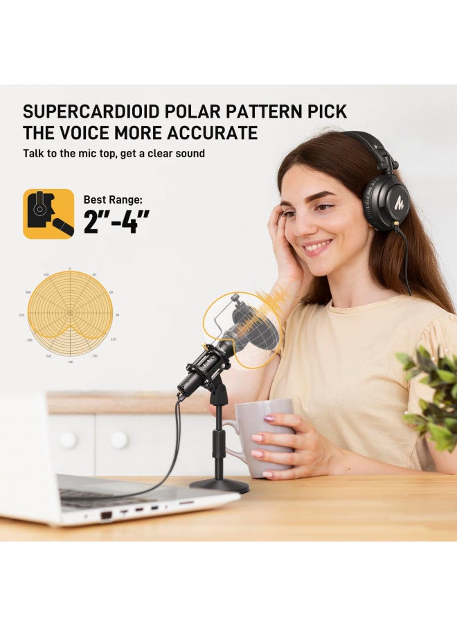 MAONO USB/XLR Podcast Dynamic Microphone, Studio Mic Kit with Volume Control, Shock Mount, Pop Filter, Ideal for Vocal, Instruments Recording, Voice Over, Live Streaming (HD300T)