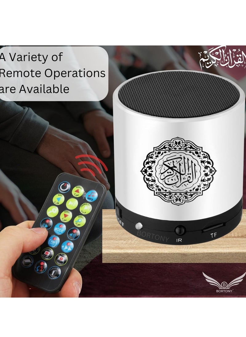 SQ200 Portable Bluetooth Quran Speaker – 8GB MP3 Player with Remote, FM Radio, and Quran Translation (Silver)