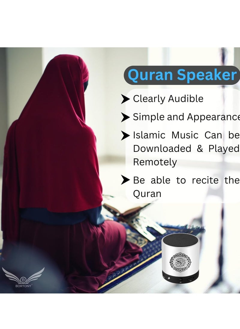 SQ200 Portable Bluetooth Quran Speaker – 8GB MP3 Player with Remote, FM Radio, and Quran Translation (Silver)