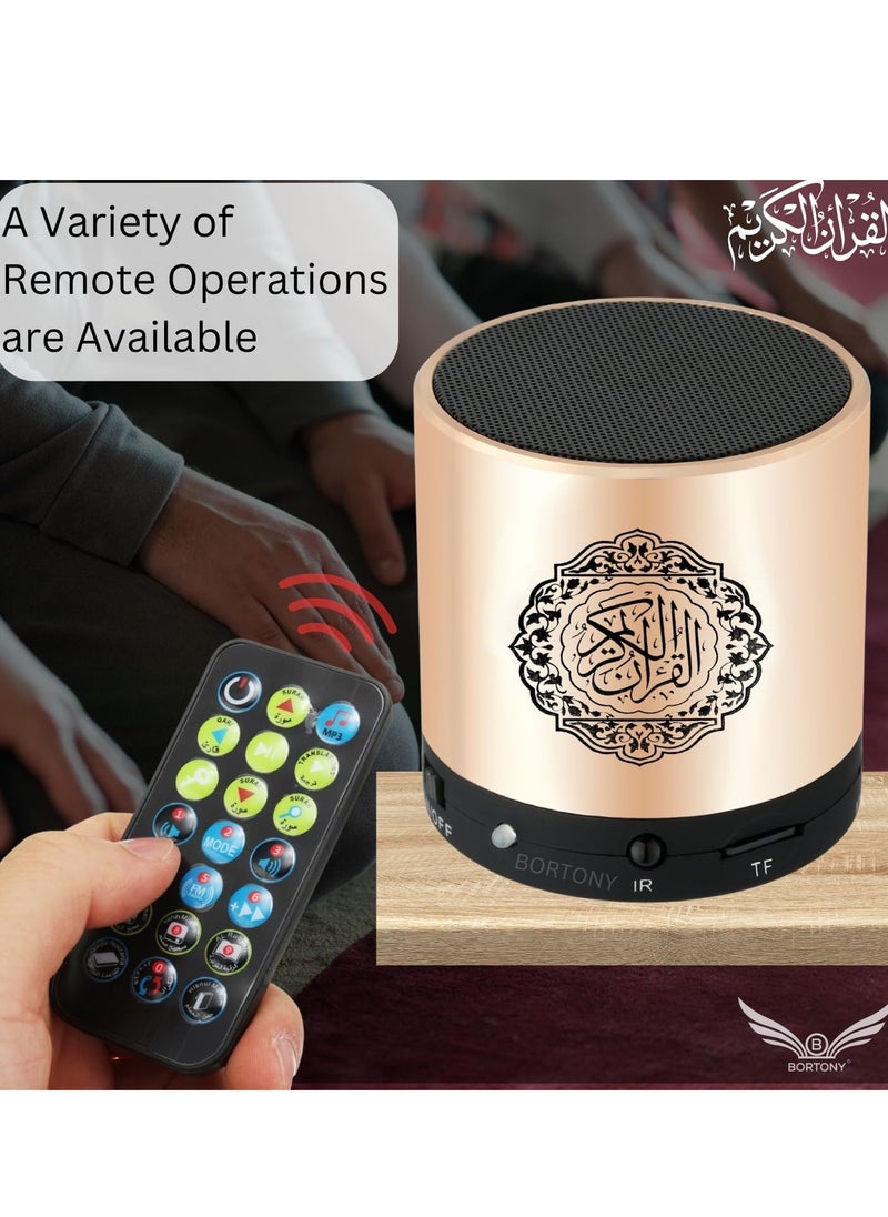 SQ200 Portable Bluetooth Quran Speaker – 8GB MP3 Player with Remote Control, FM Radio, and Quran Translation (Golden)