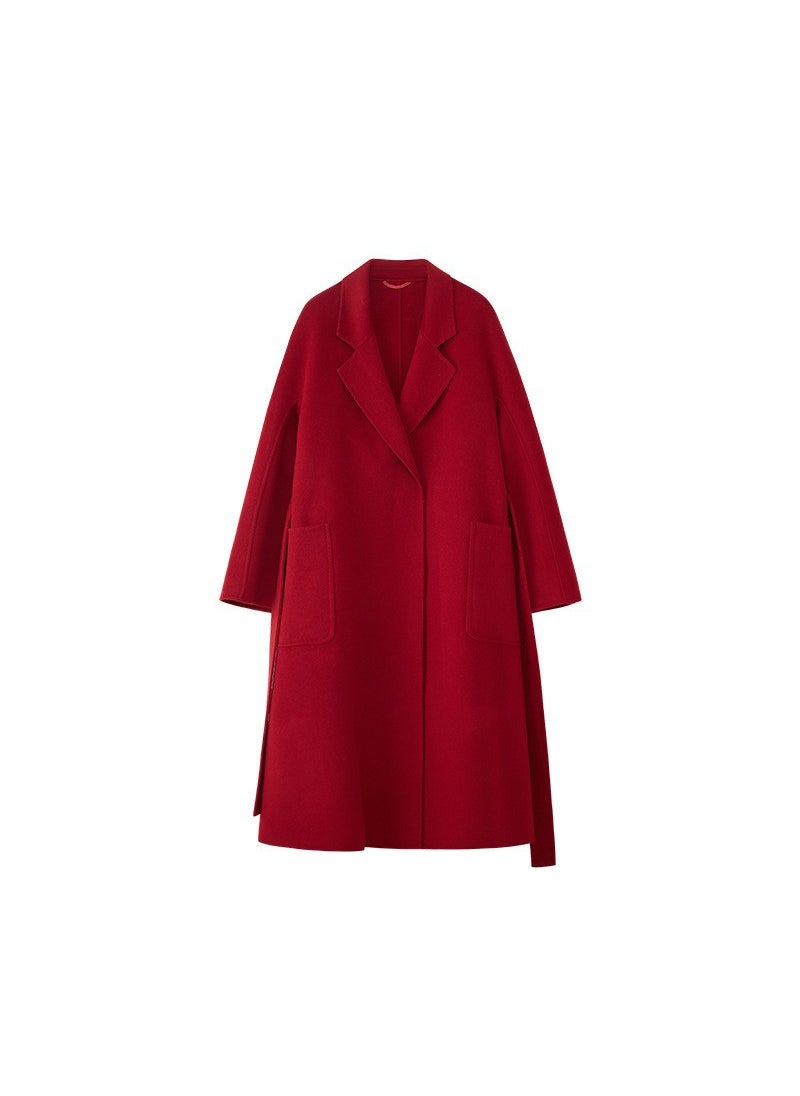 [Original] M labbro bathrobe double-sided cashmere coat womens autumn and winter long lace-up high-grade woolen coat French Red