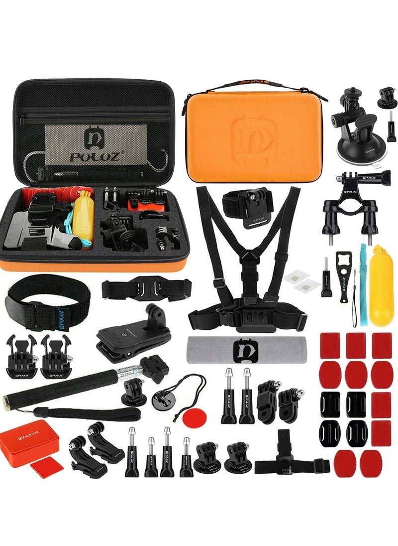 PULUZ 53 in 1 Accessories Total Ultimate Combo Kits with Orange EVA Case (Chest Strap, Suction Cup Mount, 3-Way Pivot Arms, J-Hook Buckle, Wrist Strap, Helmet Strap, Extendable Monopod, Surface Mounts, Tripod Adapters, Storage Bag, Handlebar Mount) for GoPro, Insta360, DJI and Other Action Cameras