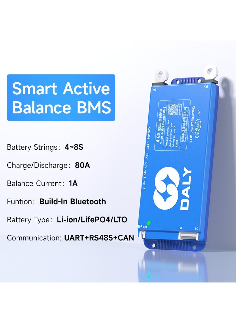 DALY Smart Active Balance BMS 80A to 100A 4S-24S UART & CAN/RS485 Protection Board with Build-in Bluetooth and NTC for LFP/NCM/LTO Lithium Battery Pack