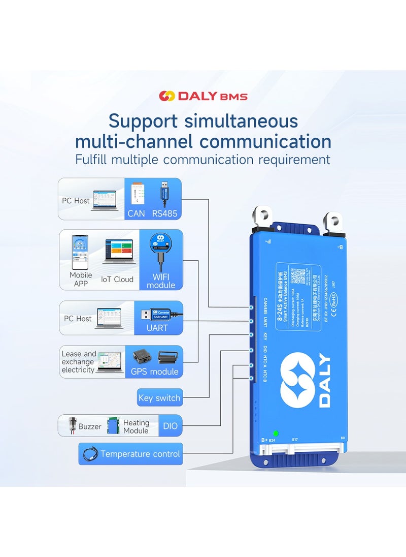 DALY Smart Active Balance BMS 80A to 100A 4S-24S UART & CAN/RS485 Protection Board with Build-in Bluetooth and NTC for LFP/NCM/LTO Lithium Battery Pack