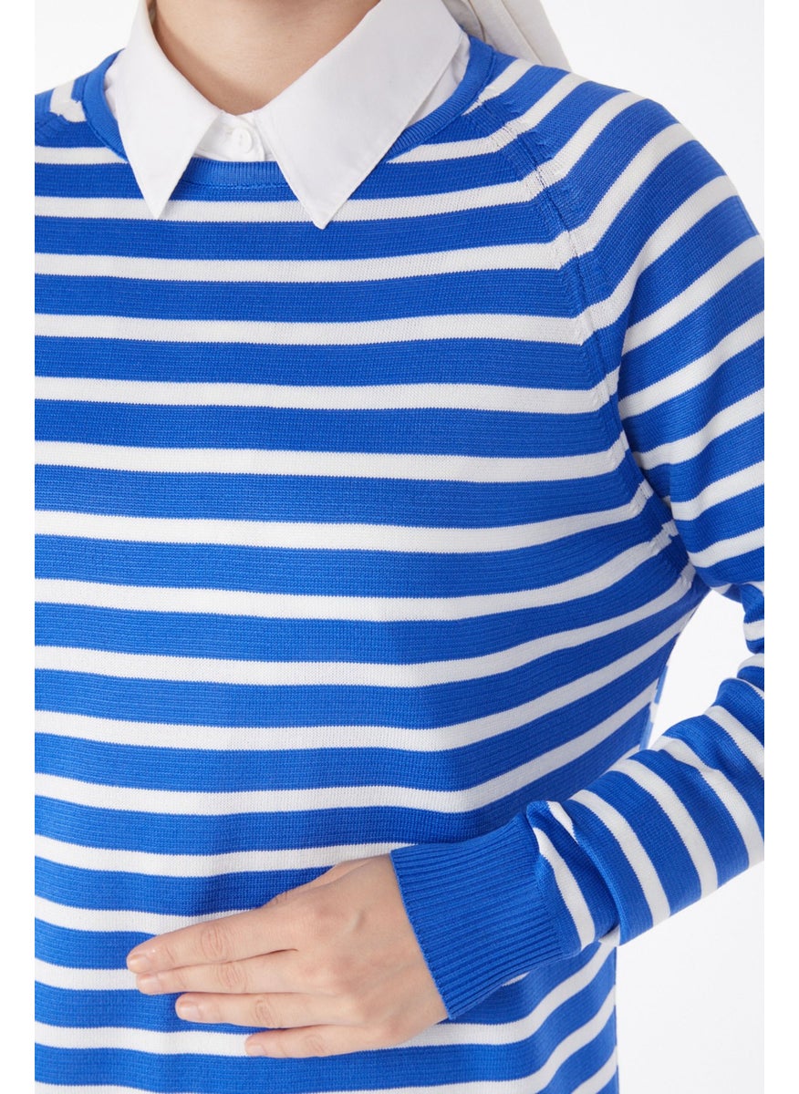 Plain Crew Neck Women's Blue Striped Knitwear Tunic - 25238