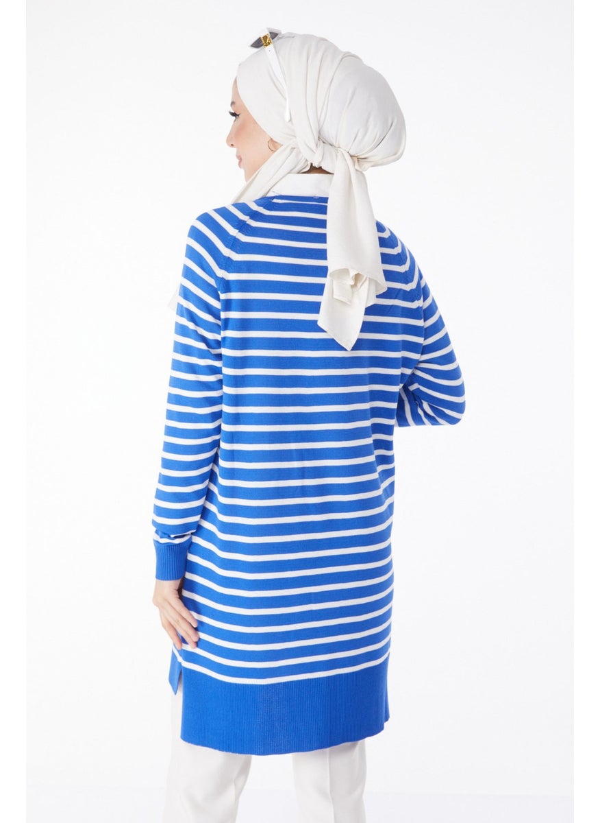 Plain Crew Neck Women's Blue Striped Knitwear Tunic - 25238