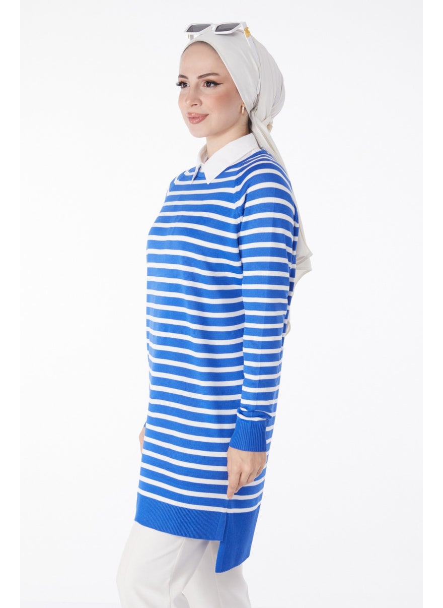 Plain Crew Neck Women's Blue Striped Knitwear Tunic - 25238