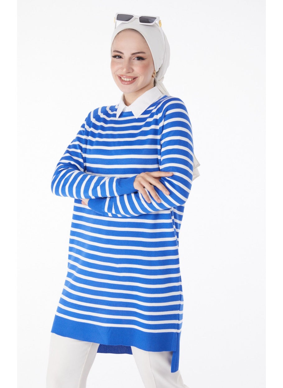 Plain Crew Neck Women's Blue Striped Knitwear Tunic - 25238