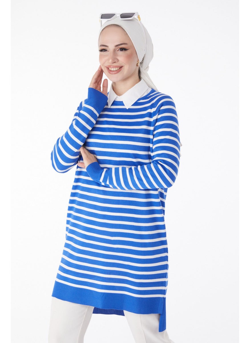 Plain Crew Neck Women's Blue Striped Knitwear Tunic - 25238