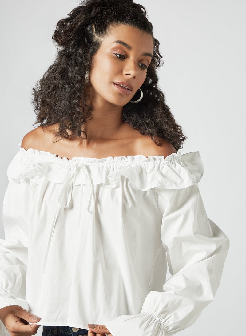 Ruffle Detail Pleated Top White