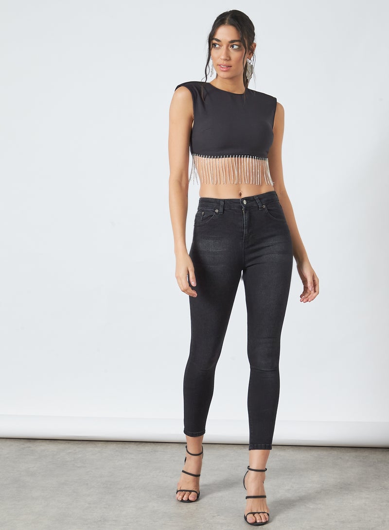 Embellished Detail Crop Top Black