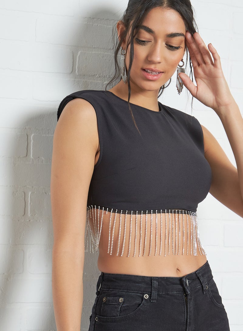 Embellished Detail Crop Top Black