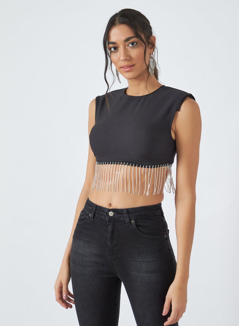 Embellished Detail Crop Top Black