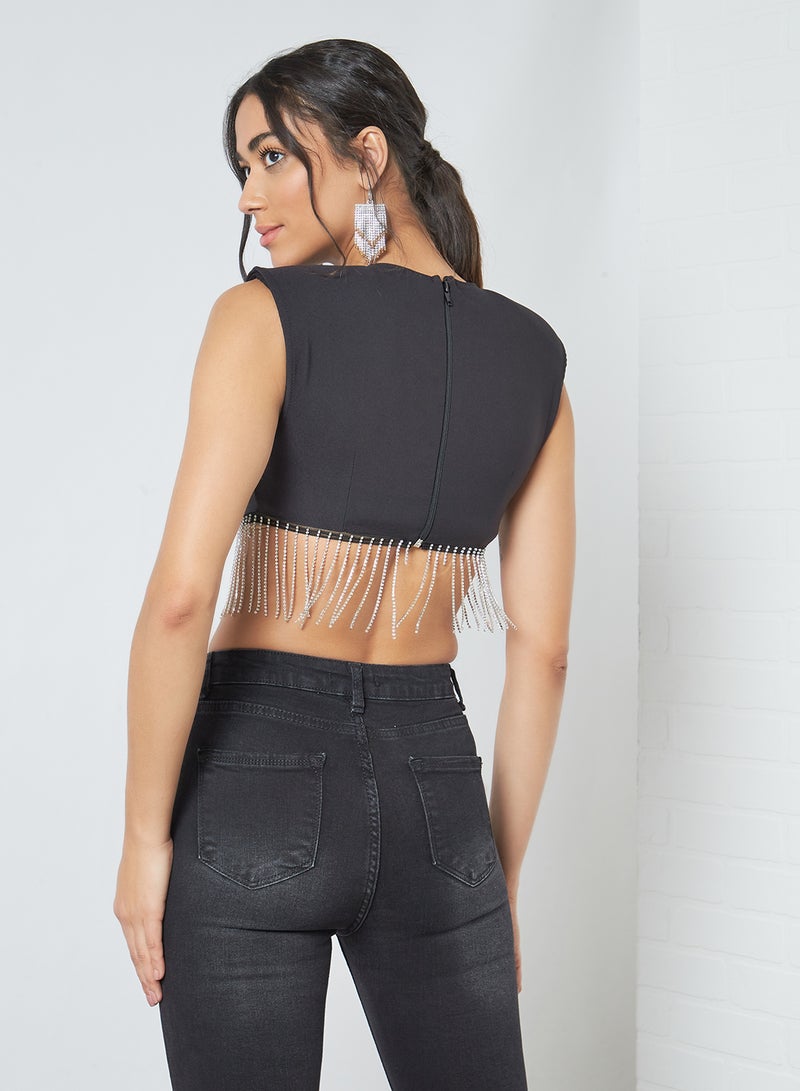 Embellished Detail Crop Top Black