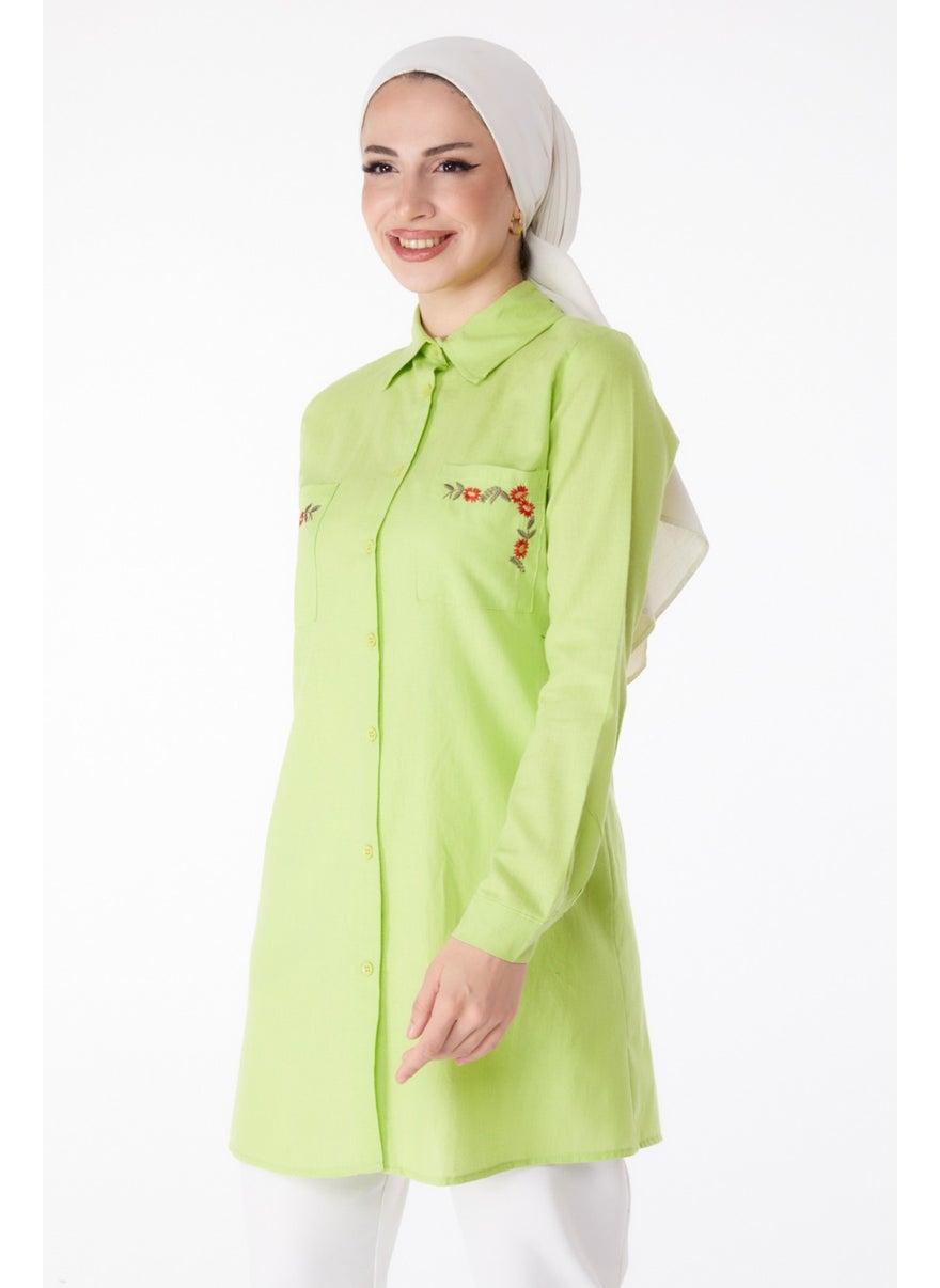 Plain Shirt Collar Women's Green Pocket Embroidery Detail Tunic - 13170