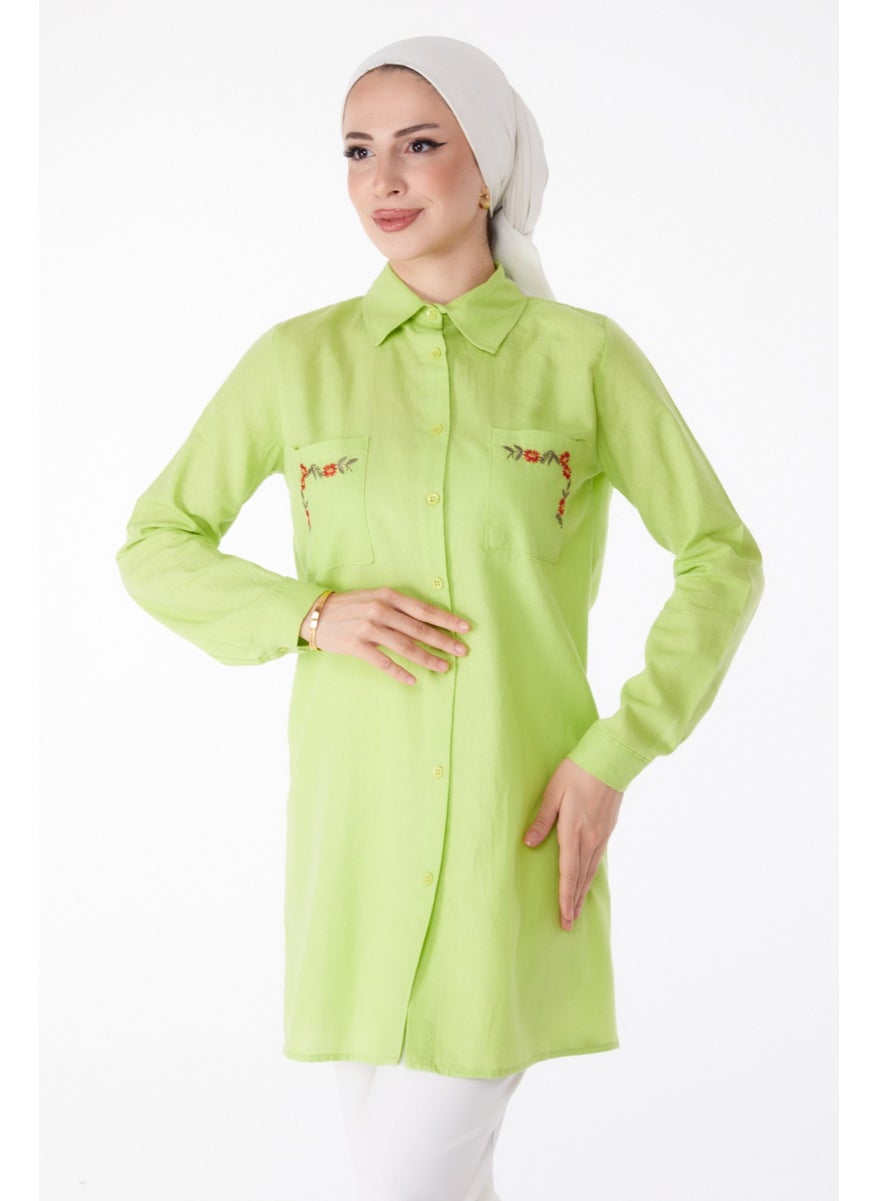 Plain Shirt Collar Women's Green Pocket Embroidery Detail Tunic - 13170