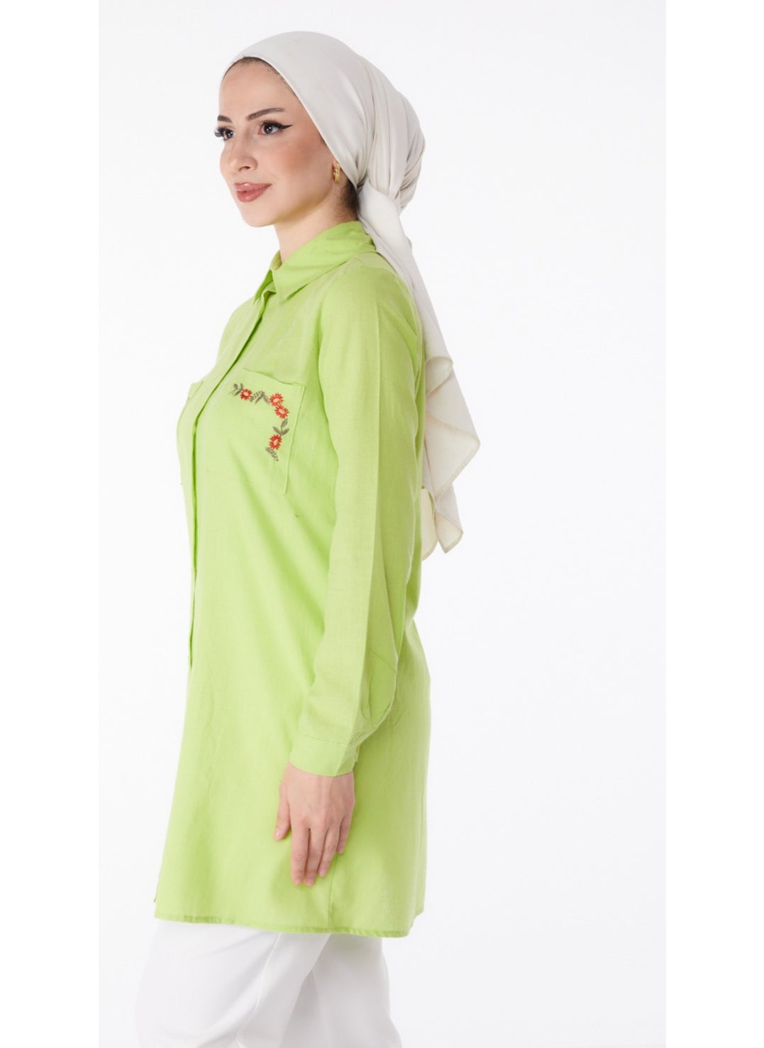 Plain Shirt Collar Women's Green Pocket Embroidery Detail Tunic - 13170