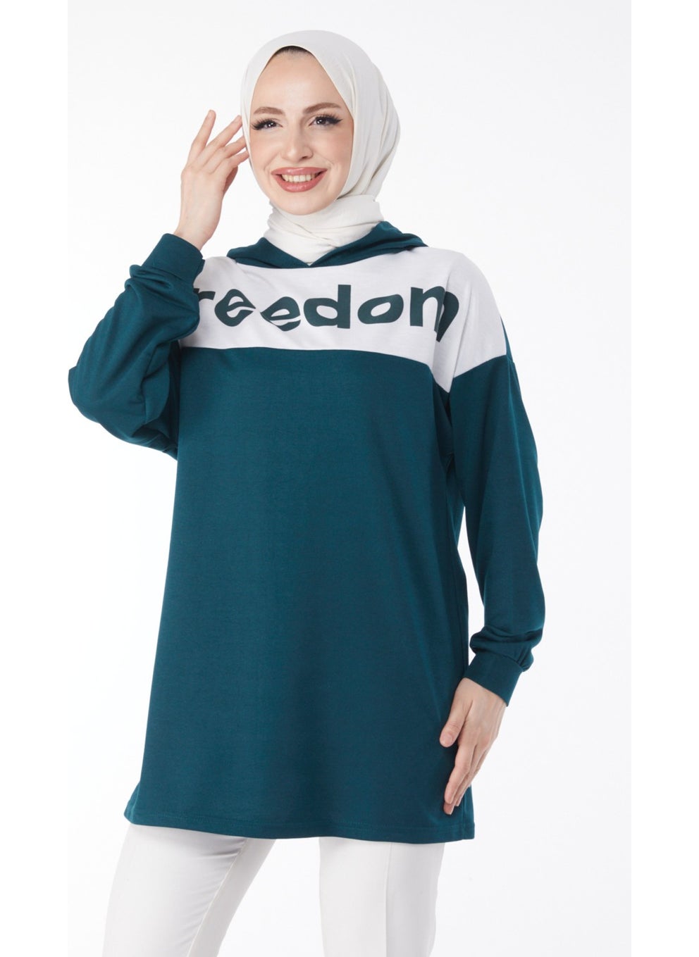 Plain Hooded Collar Women's Emerald Printed Hooded Sweatshirt - 13134