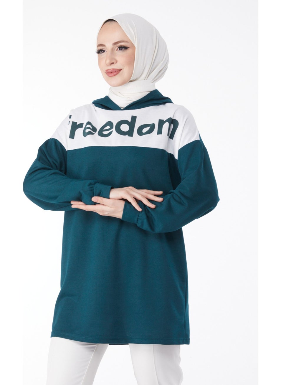 Plain Hooded Collar Women's Emerald Printed Hooded Sweatshirt - 13134