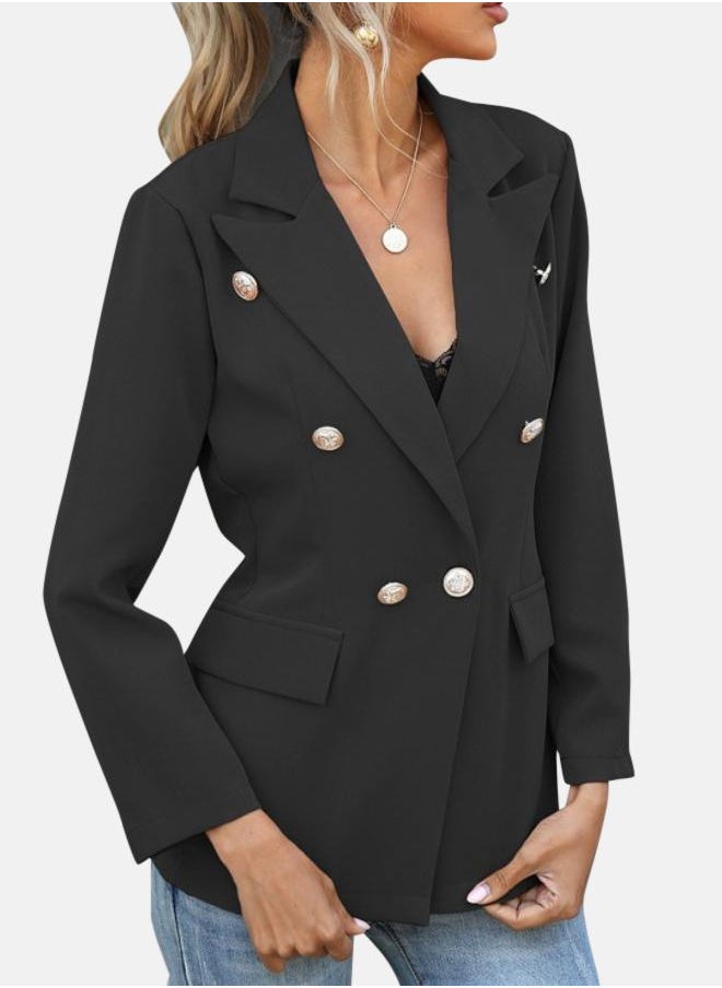 Black Notched Lapel Long Sleeves Single-Breasted Blazer