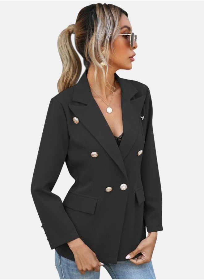 Black Notched Lapel Long Sleeves Single-Breasted Blazer