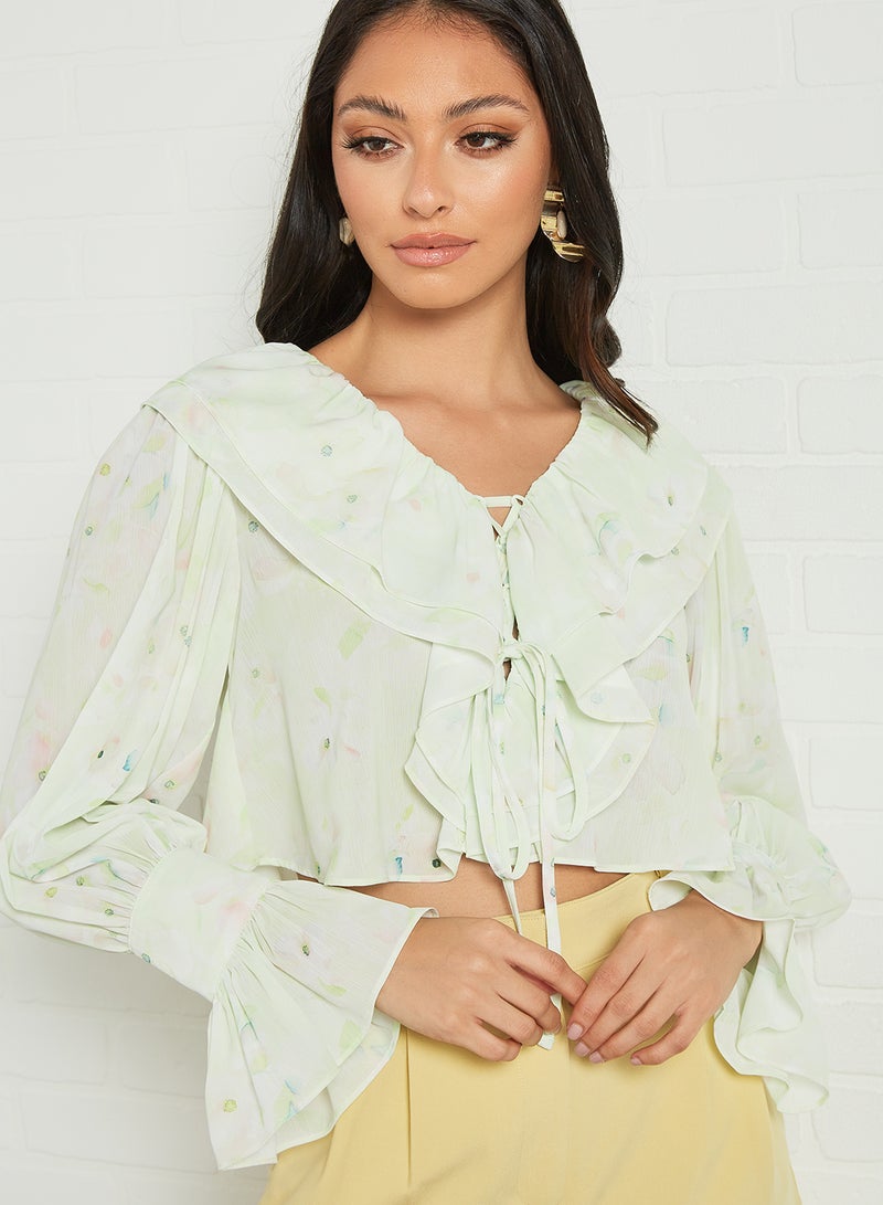 Double Frill Neck Chiffon Crop Top Green