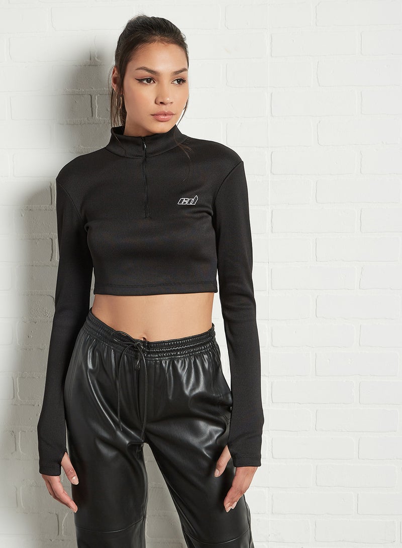 Zip Closure Collar Crop Top Black