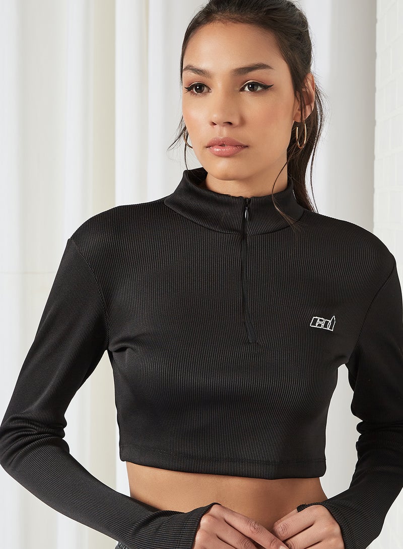 Zip Closure Collar Crop Top Black