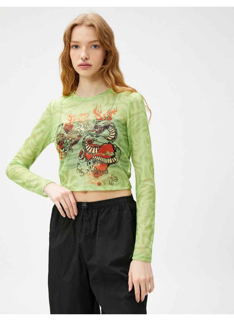 Crop T-Shirt Long Sleeve Tulle Printed Crew Neck