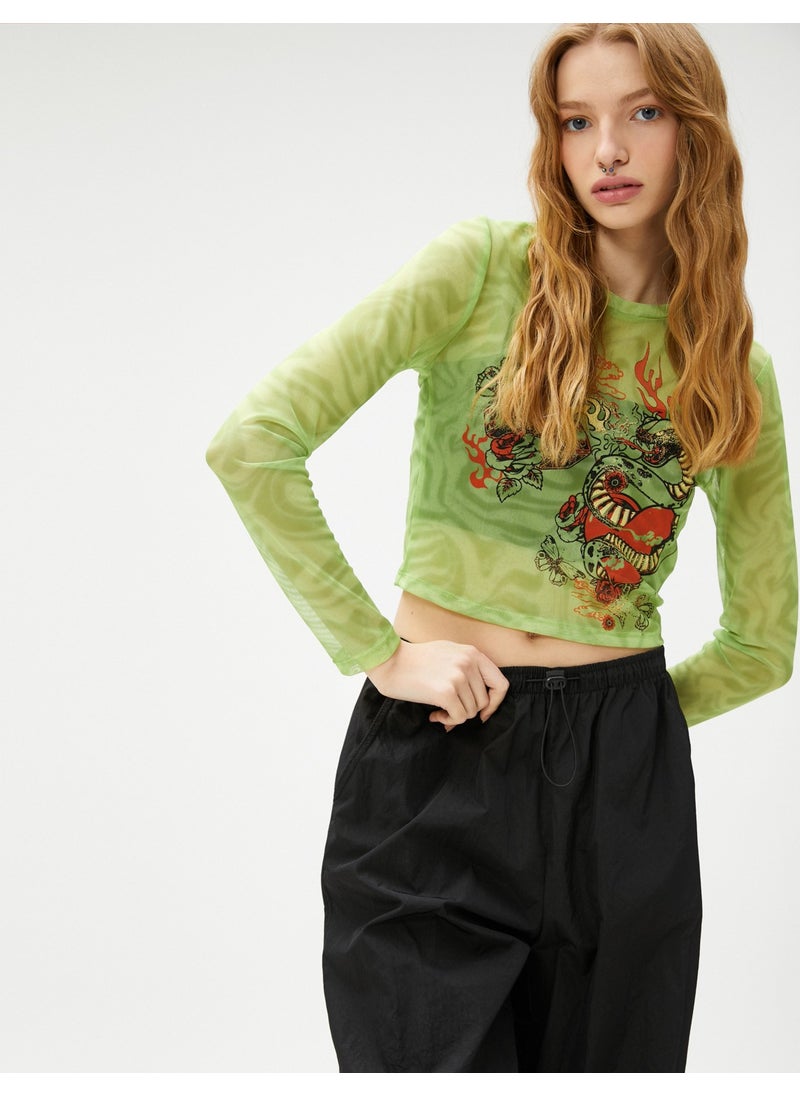 Crop T-Shirt Long Sleeve Tulle Printed Crew Neck