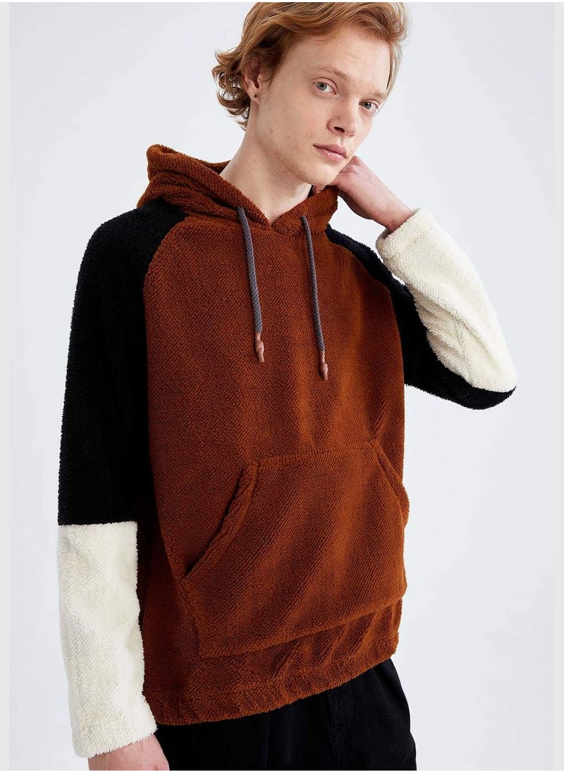 Slim Fit Long Sleeve Colour Block Teddy Hoodie