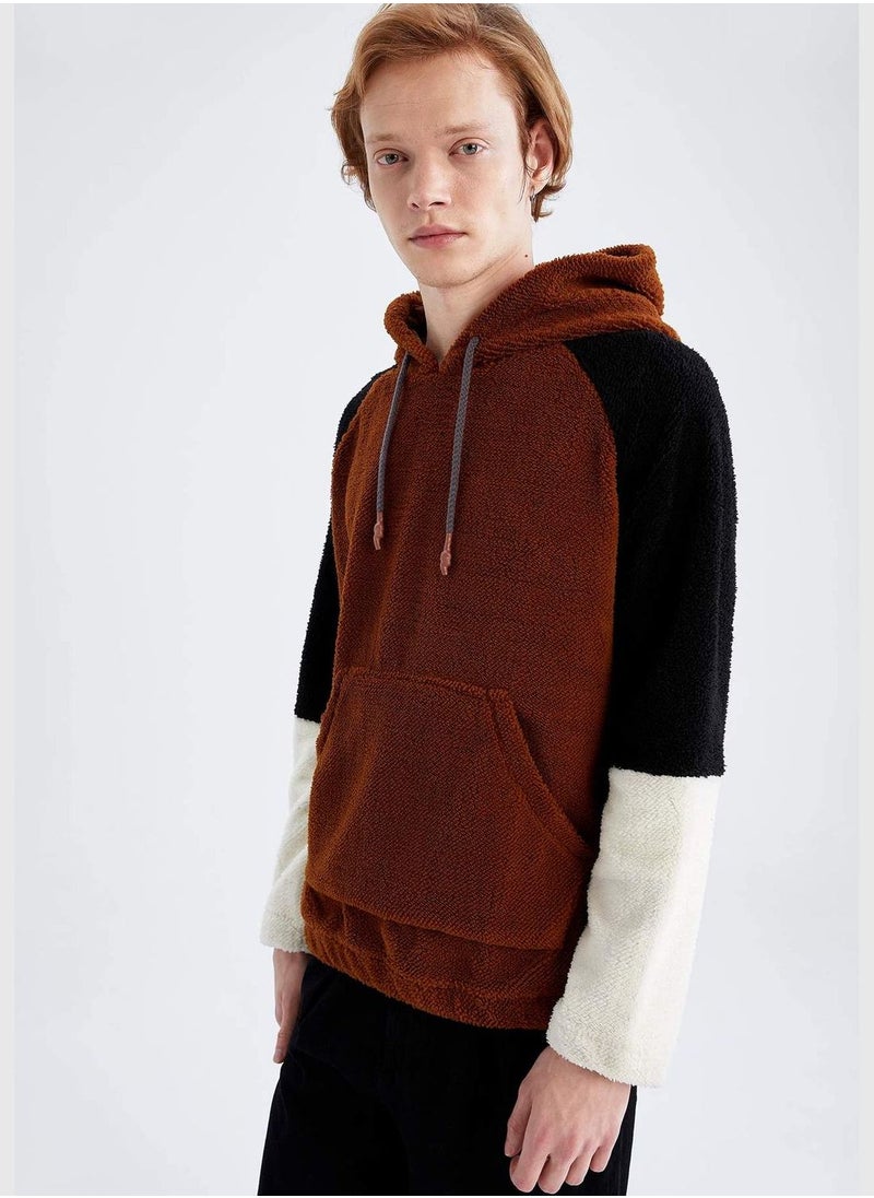 Slim Fit Long Sleeve Colour Block Teddy Hoodie