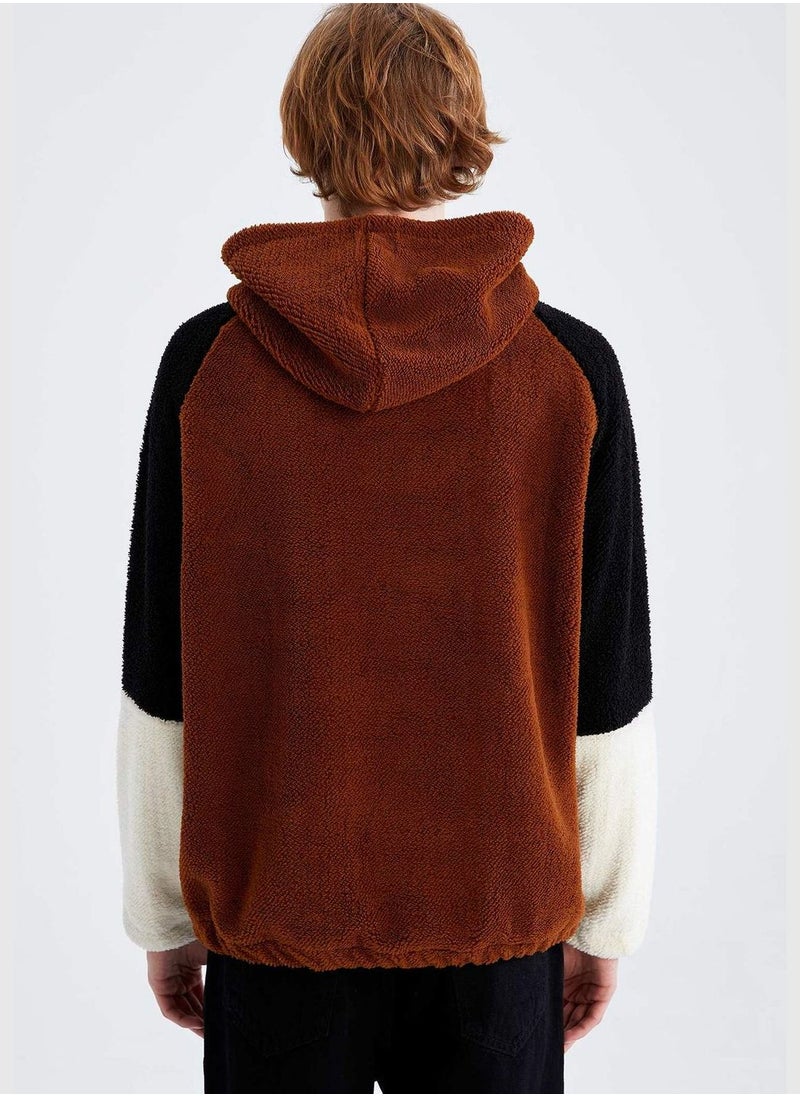 Slim Fit Long Sleeve Colour Block Teddy Hoodie