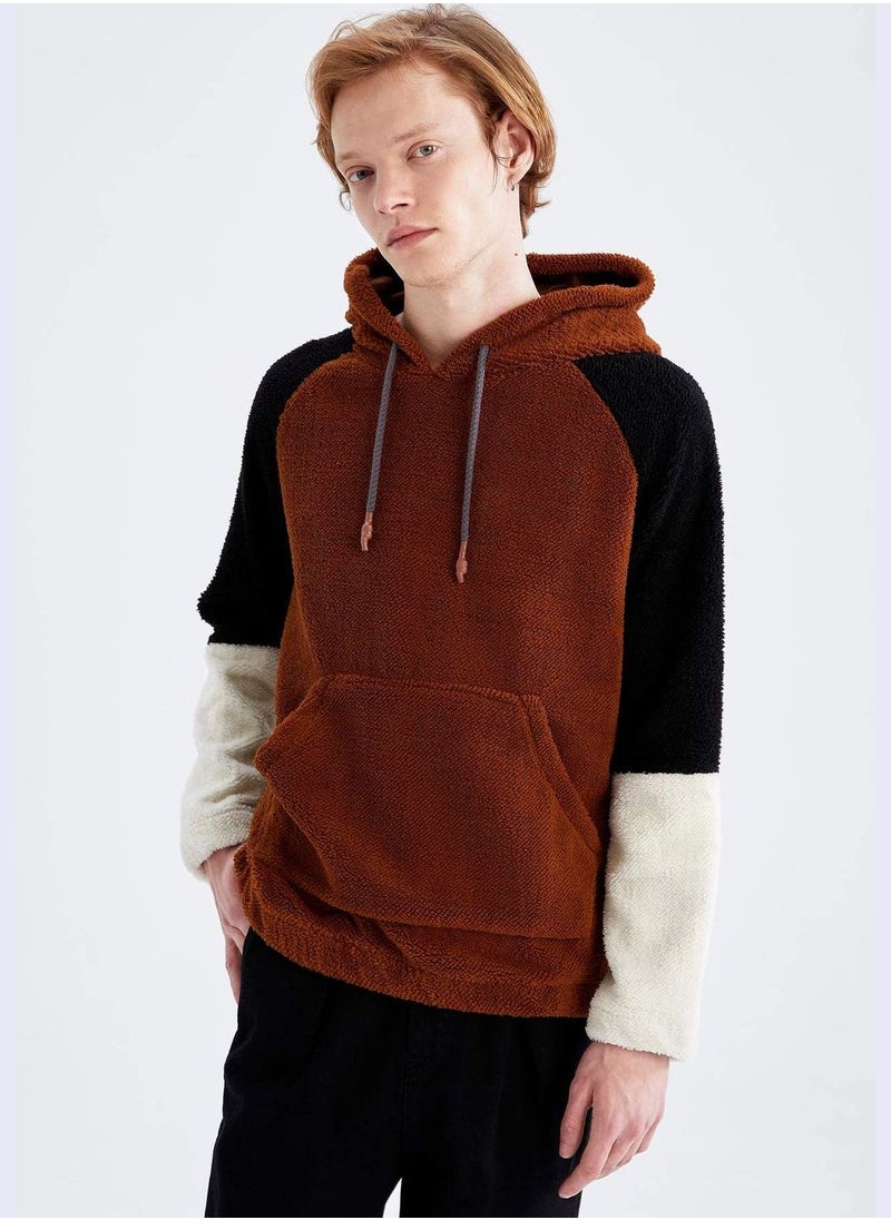 Slim Fit Long Sleeve Colour Block Teddy Hoodie