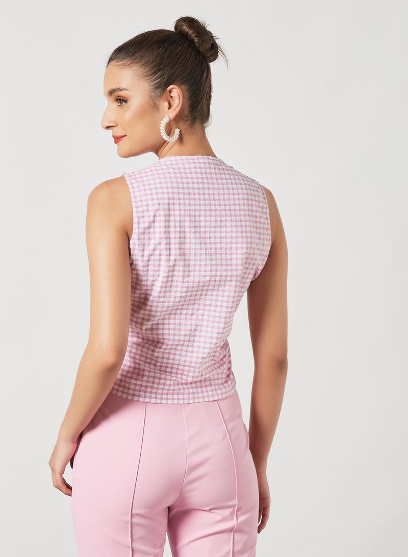 Ruched Check Top White/Pink