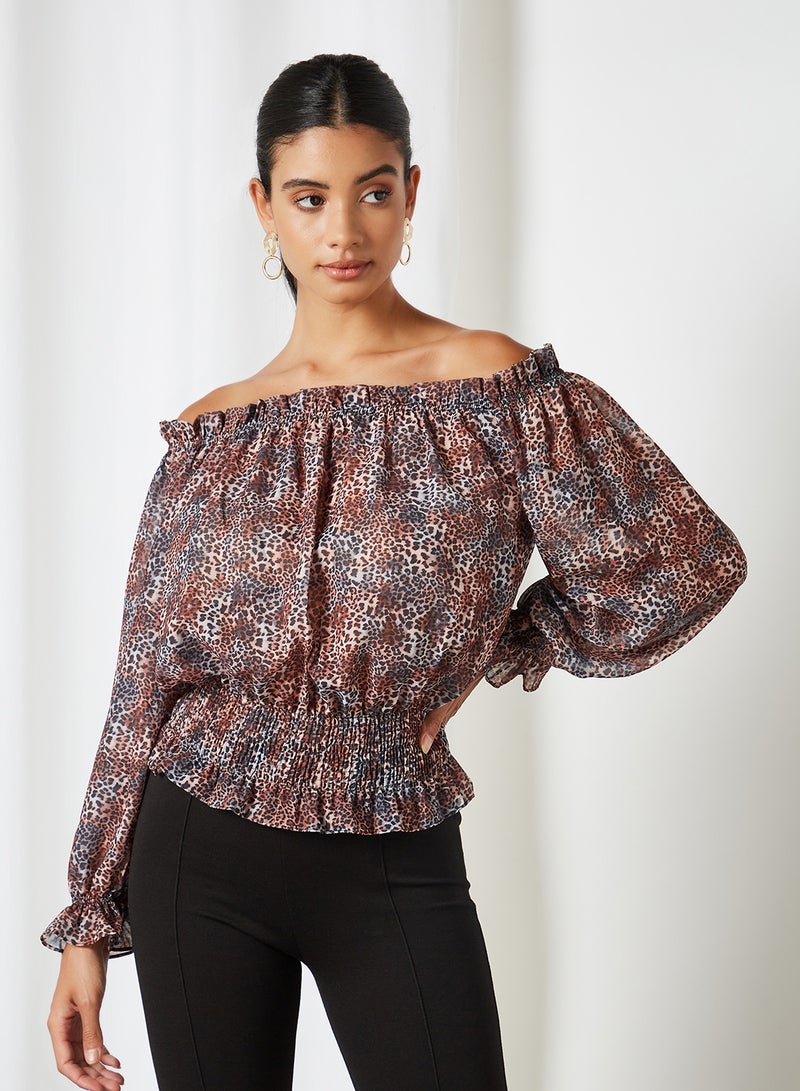 Printed Off-Shoulder Top Brown